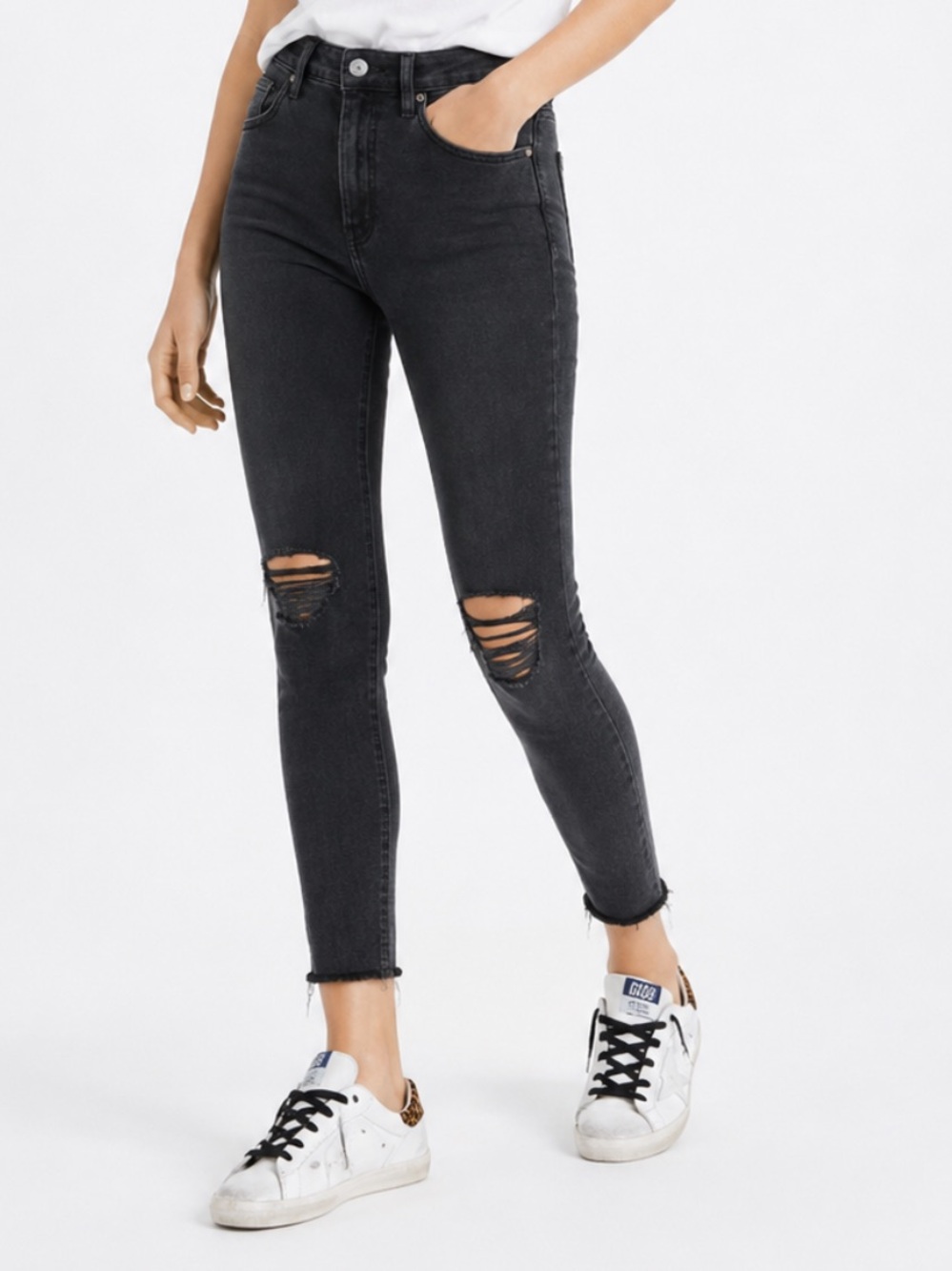 MOTHER Black “Looker Ankle Fray” Distressed Ankle-Length Jeans - Size 25